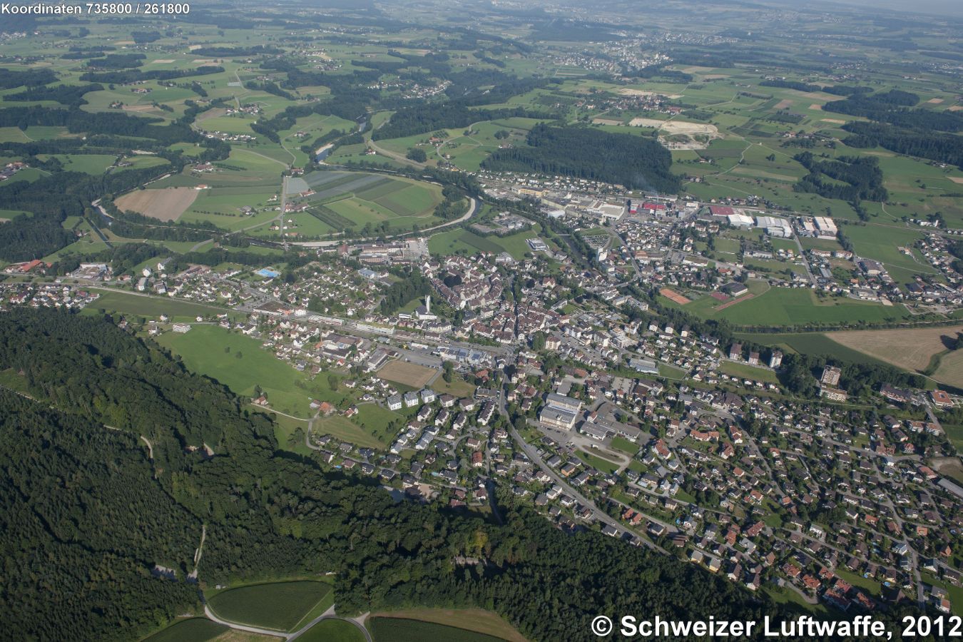 Bischofszell, Blickrichtung W mit Thurschlaufe und Sitter-Einmündung.